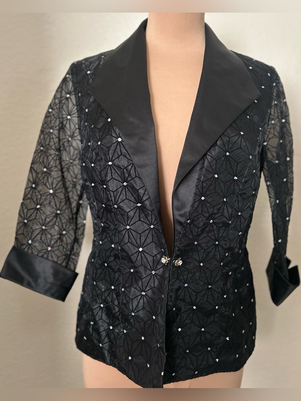 R&M Richards Black Embellished Satin-Trim Blazer